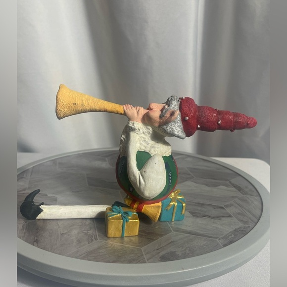 Whimsical Christmas Elf Figurine with Trumpet Decor Shelf Sitter Abstract - Picture 1 of 9